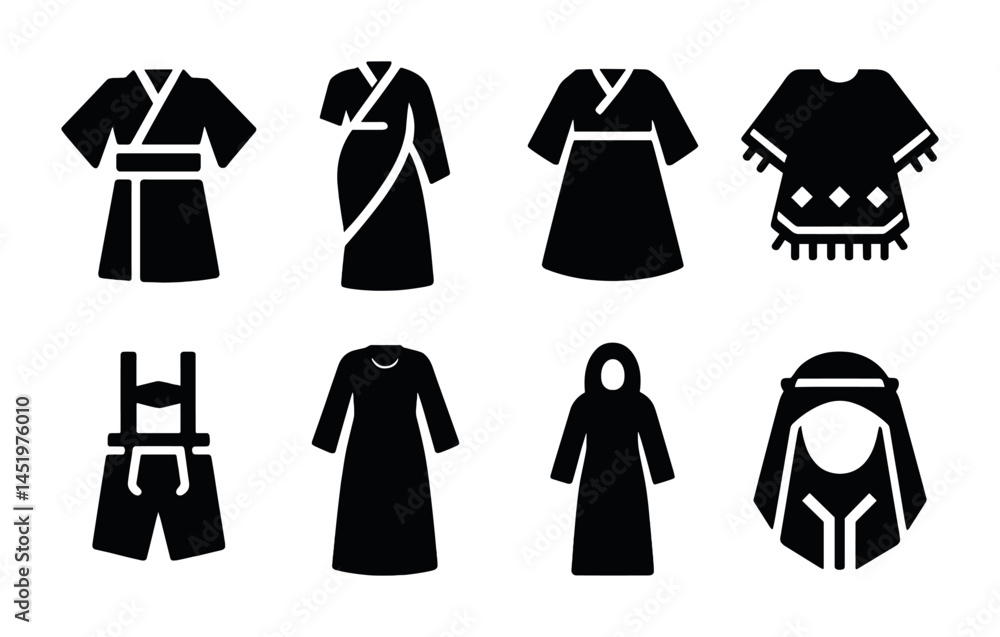 Traditional clothing solid icons set – filled, cultural attire and fashion symbols Traditional clothing solid icons set – filled, cultural attire and fashion symbols