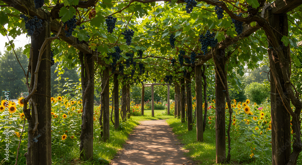 Naklejka premium Rustic Grape Arbor Path Surrounded By Vibrant Sunflowers In Lush Garden
