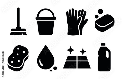 Cleaning tools solid icons set – filled, household, sanitation symbols
