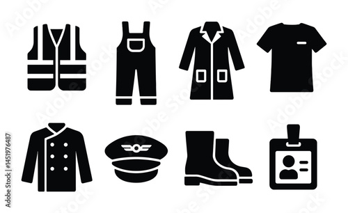 Workwear safety solid icons set – filled, uniform, professional apparel symbols