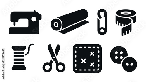 Sewing and craft solid icons set – filled, tailor, stitching symbols