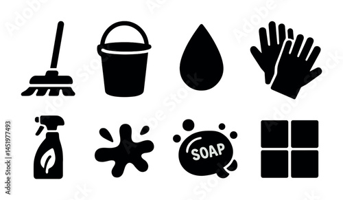 Cleaning essentials silhouette icons set – solid, housekeeping, janitorial symbols