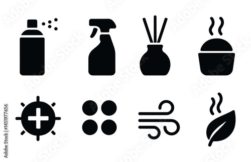 Home fragrance solid icons set – scent, aroma, diffuser essentials symbols