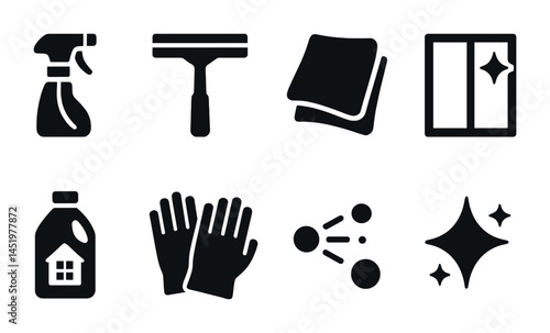 Cleaning tools solid icons set – flat, filled, housekeeping and sanitation symbols