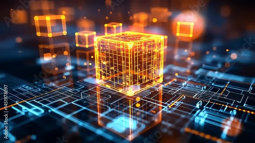 Glowing Orange Cube on Blue Circuit Board Background