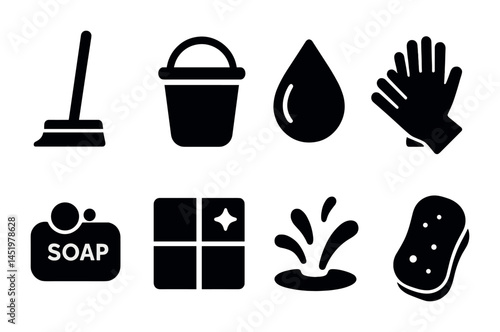 Cleaning tools silhouette icons set – solid, filled, sanitation and hygiene symbols