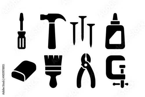 Construction and tools silhouette icons set – hardware, repair, equipment symbols