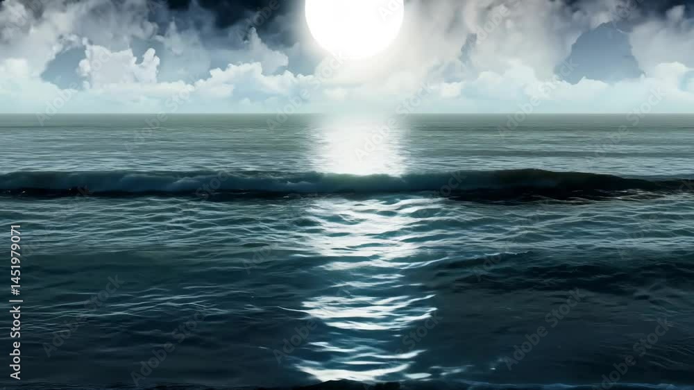 Dramatic stormy ocean waves with cloudy sky and moon shines at night.