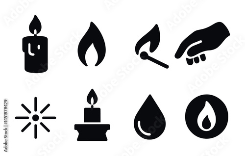 Fire and flame icons set – solid, silhouette, heat and safety symbols