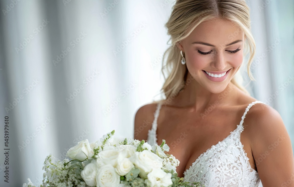 Naklejka premium an attractive woman in her wedding dress, smiling and holding flowers, against a white background.