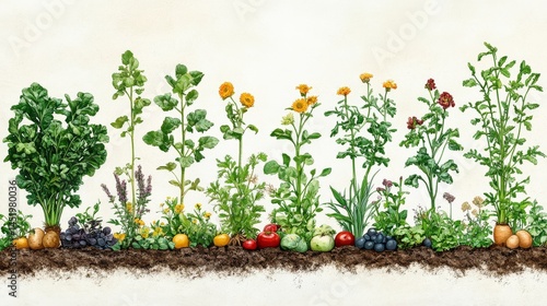 Vibrant garden illustration showcasing a variety of vegetables and herbs flourishing in rich soil