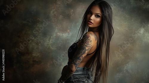 A full body photograph of a stunningly beautiful young woman with long straight hair, wild, rebellious, tattooed, the background is slightly out of focus, cinematic