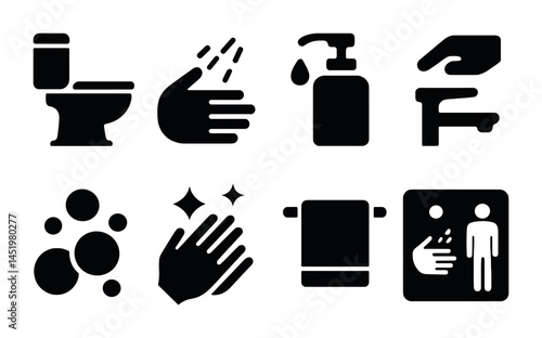 Hygiene and sanitation solid icons set – clean, filled, health and safety symbols