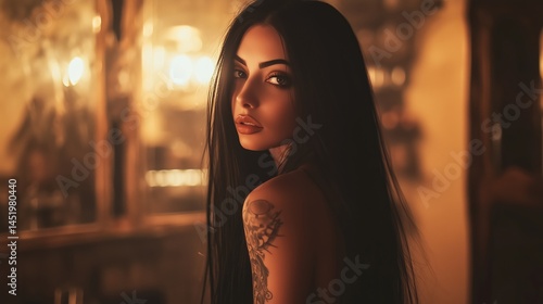 A full body photograph of a stunningly beautiful young woman with long straight hair, wild, rebellious, tattooed, the background is slightly out of focus, cinematic