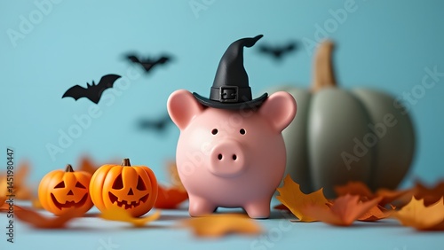 Halloween Piggy Bank Savings Autumn Leaves Pumpkins Bats