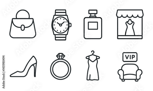 Fashion and shopping icons set – outline, linear, retail and style symbols