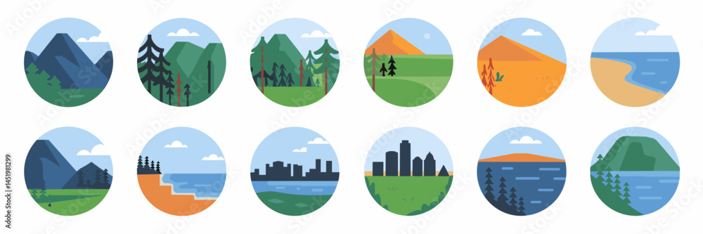 Obraz premium Landscape vector sheet icon of mountain, forest, desert, beach and more