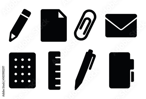 Office and business solid icons set – filled, stationery, work essentials