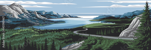 Minimalist vector illustration of mountains, forest, lake, and winding road landscape