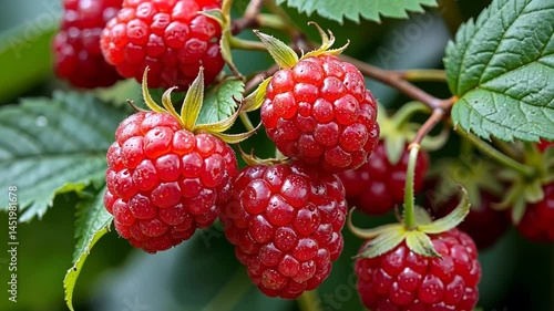 Fresh Raspberries Growing on the Vine Against Lush Green Leaves  