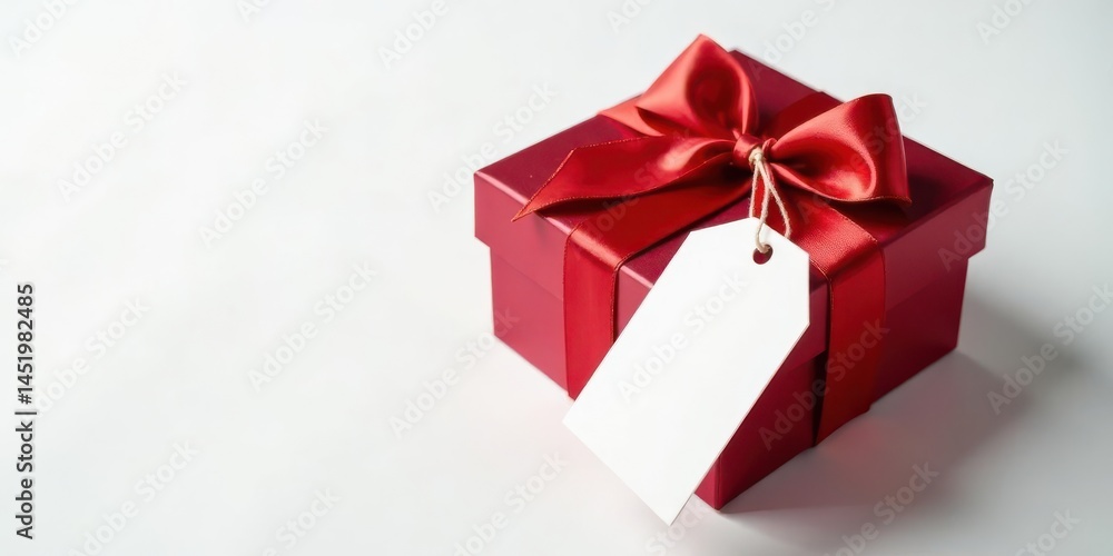 Fototapeta premium A crimson gift box adorned with a luxurious satin ribbon and a blank tag, ready for a heartfelt message