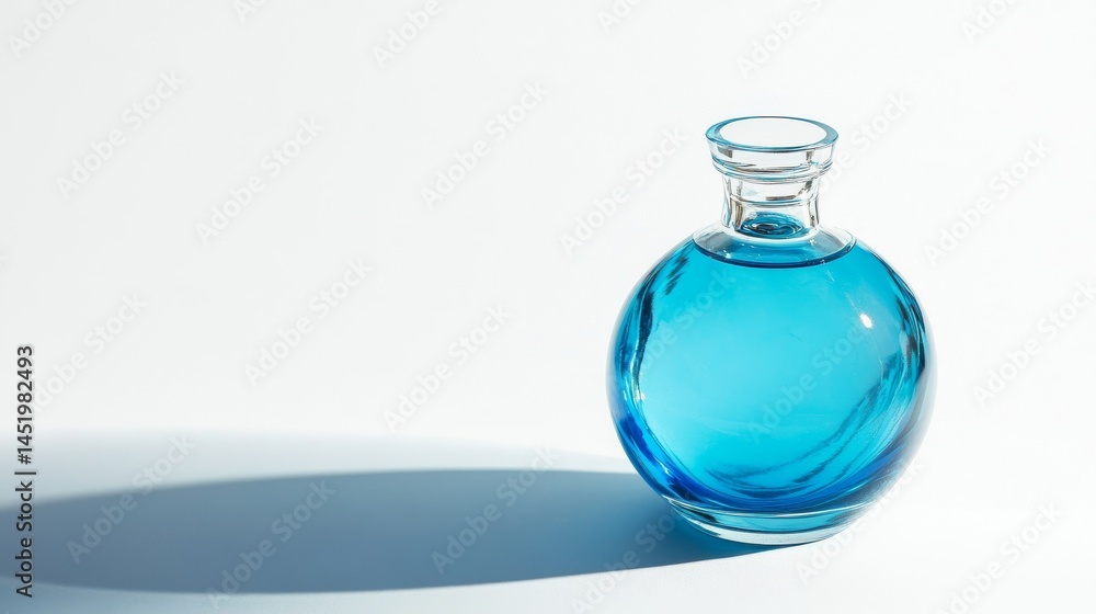 A captivating round glass bottle filled with vibrant blue liquid stands elegantly. The play of light creates shadows. This art piece evokes creativity and wonder. Generative AI A captivating round glass bottle filled with vibrant blue liquid stands elegantly. The play of light creates shadows. This art piece evokes creativity and wonder. Generative AI