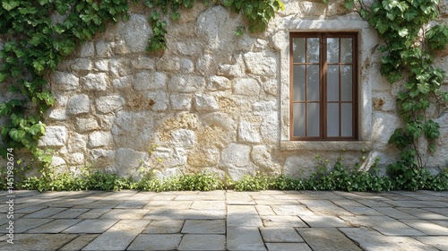 Rustic stone wall exterior with a window and ivy.