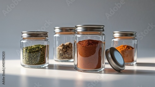 Fototapeta Naklejka Na Ścianę i Meble -  Photorealistic image of a glass spice jar with removable lid on a white background