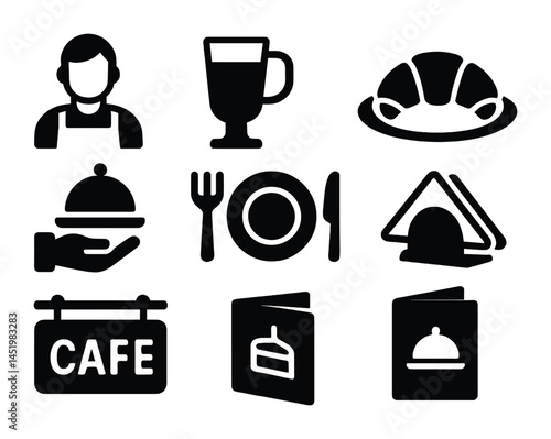 Cafe and restaurant solid icons set – coffee, dining, food symbols