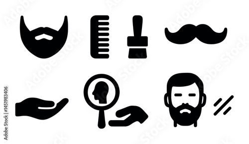 Grooming and barber solid icons set – shaving, hair care, facial grooming symbols