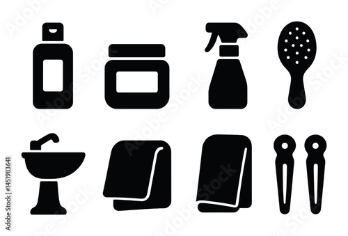 Bathroom and hygiene solid icons set – filled, grooming, cleaning essentials symbols
