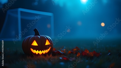 Spooky Halloween Jack-o'-lantern at Night Soccer Field