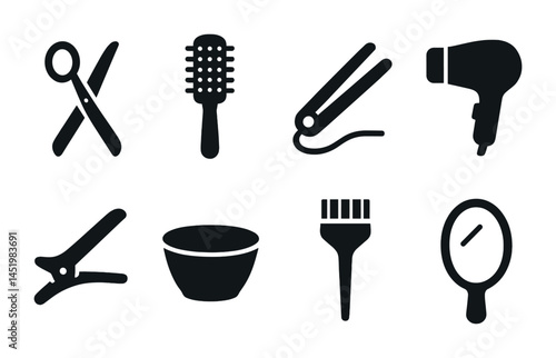 Hairdressing and salon tools solid icons set – beauty, grooming essentials