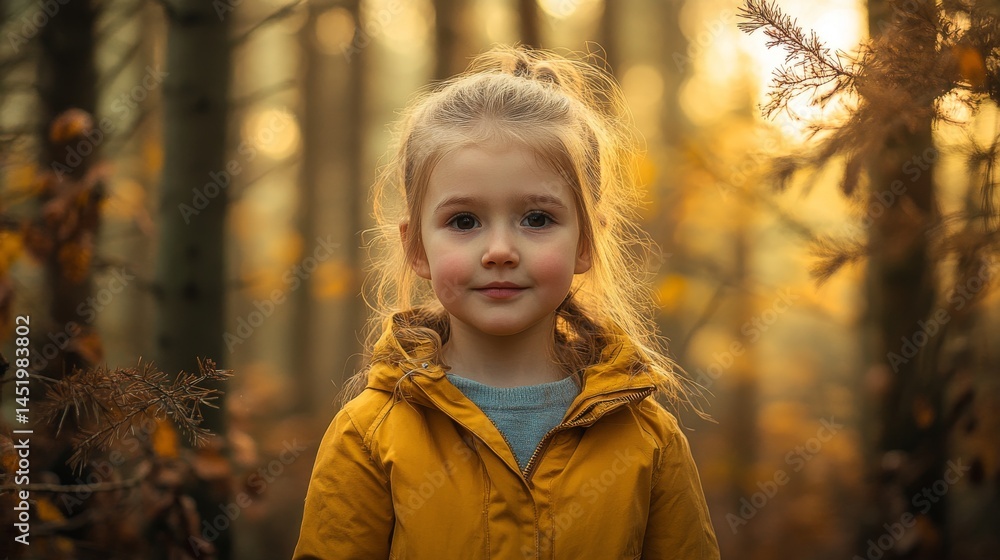 A young child stands gracefully in a serene forest setting. The golden hues of autumn create a warm atmosphere. Nature nurtures innocence and joy. Generative AI A young child stands gracefully in a serene forest setting. The golden hues of autumn create a warm atmosphere. Nature nurtures innocence and joy. Generative AI