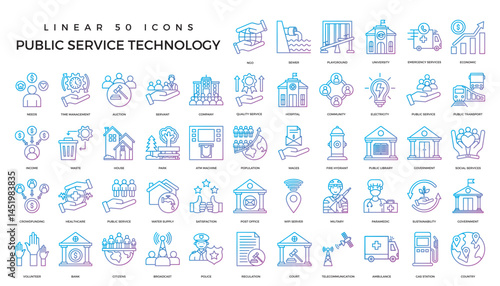 Vector set of thin linear 50 icons, related to public service technology for intelligent urbanism, smart city and urban development. Mono line pictograms and infographics design elements.by kus wandok