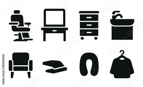 Barbershop solid icons set – grooming, salon, hairdressing symbols