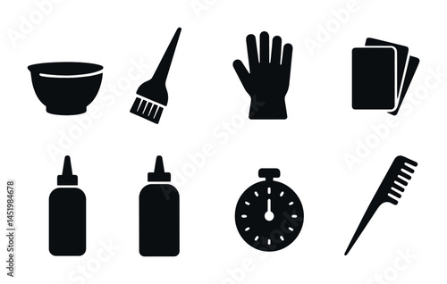 Hairdressing tools solid icons set – flat, silhouette, salon and barber essentials