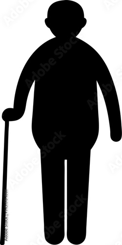 Old man silhouette with stick on transparent background, vector illustration