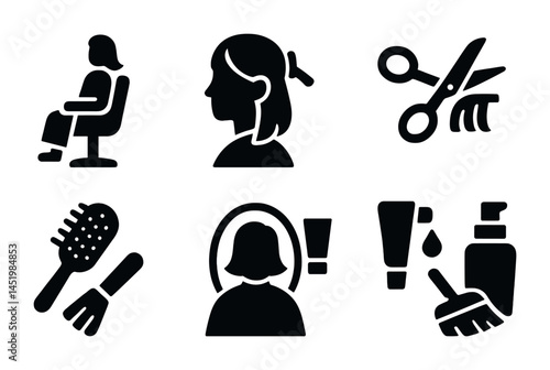 Hair salon solid icons set – silhouette, beauty care, hairstyling symbols