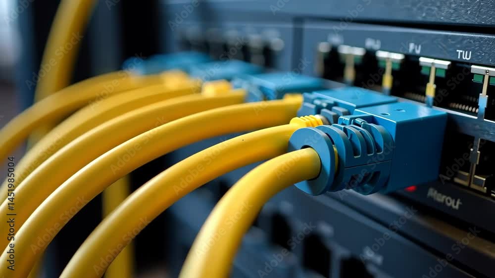 Close-up view of yellow ethernet cables plugged into blue ports on a dark network server