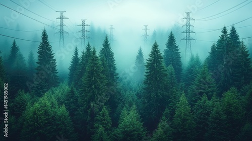 Misty forest with power lines