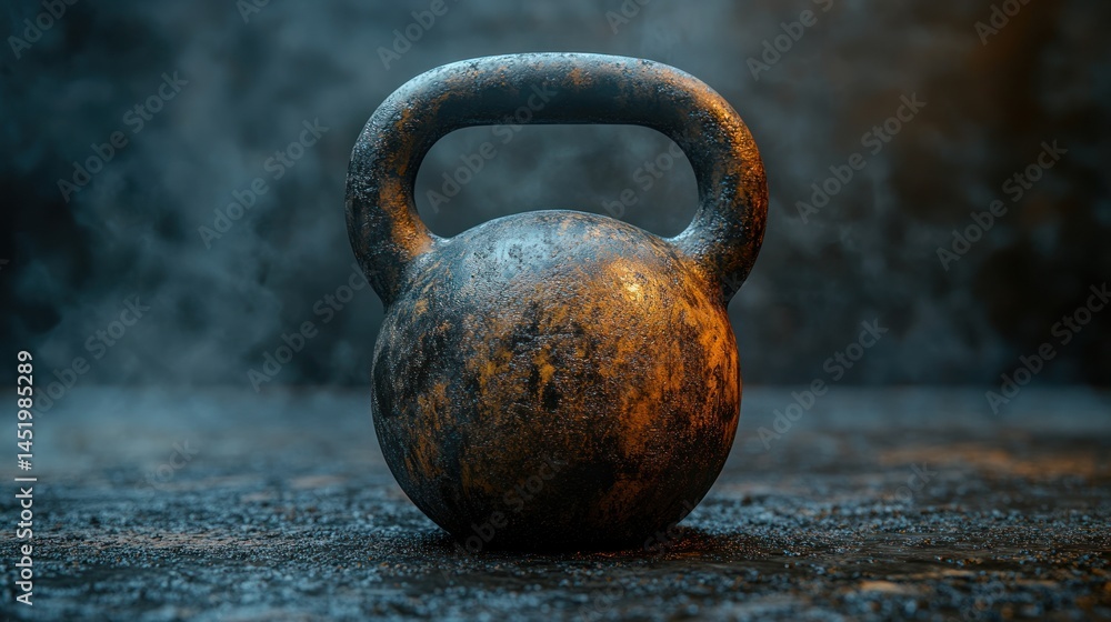 Fototapeta premium Kettlebell weight centered on a textured surface with a blurred background.