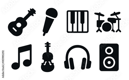 Music and entertainment silhouette icons set – solid, filled, audio and sound symbols