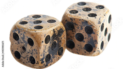A Lucky Roll of Weathered Dice: Two vintage, ivory-colored dice with worn black spots are positioned closely together against a stark white backdrop, suggesting a moment of chance, games of fortune, o