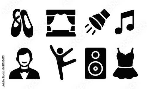 Performing arts silhouette icons set – dance, theater, music symbols