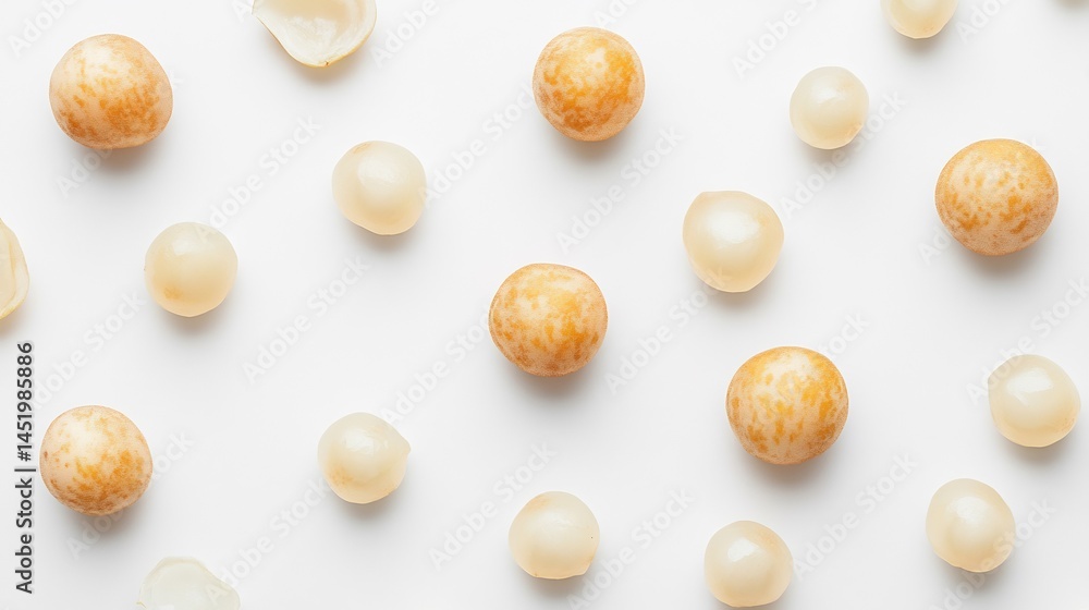 Top down view of peeled whole longan fruits on white background translucent tropical fruit frequently imported to USA for sweet juicy treats and fruit bowls cut out on isolated transparent background Top down view of peeled whole longan fruits on white background translucent tropical fruit frequently imported to USA for sweet juicy treats and fruit bowls cut out on isolated transparent background