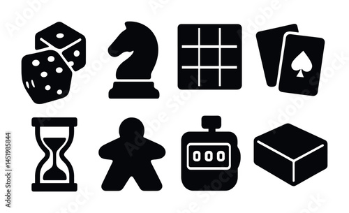 Board game solid icons set – silhouette, gaming, strategy and leisure symbols