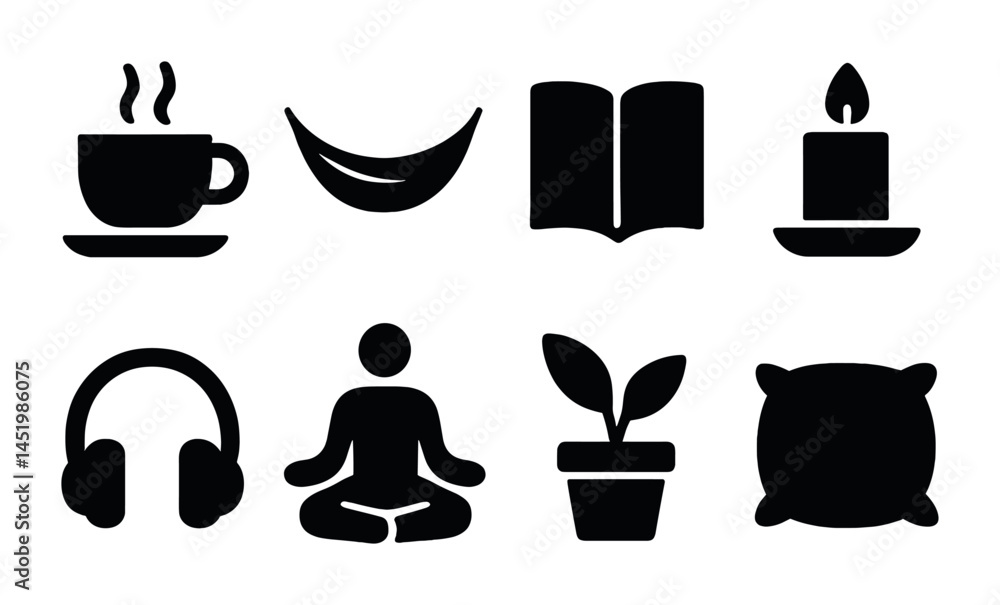 Relaxation and leisure solid icons set – silhouette, calm, mindfulness symbols Relaxation and leisure solid icons set – silhouette, calm, mindfulness symbols