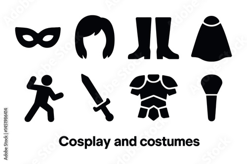 Cosplay and costumes solid icons set – silhouette, filled, masquerade symbols