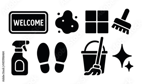 Cleaning and hygiene solid icons set – filled, maintenance, sanitation symbols